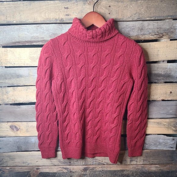 LL Bean Pullover Sweater Women Sm Burgandy Turtleneck Cable Knit Chunky 60% Wool - Picture 3 of 8